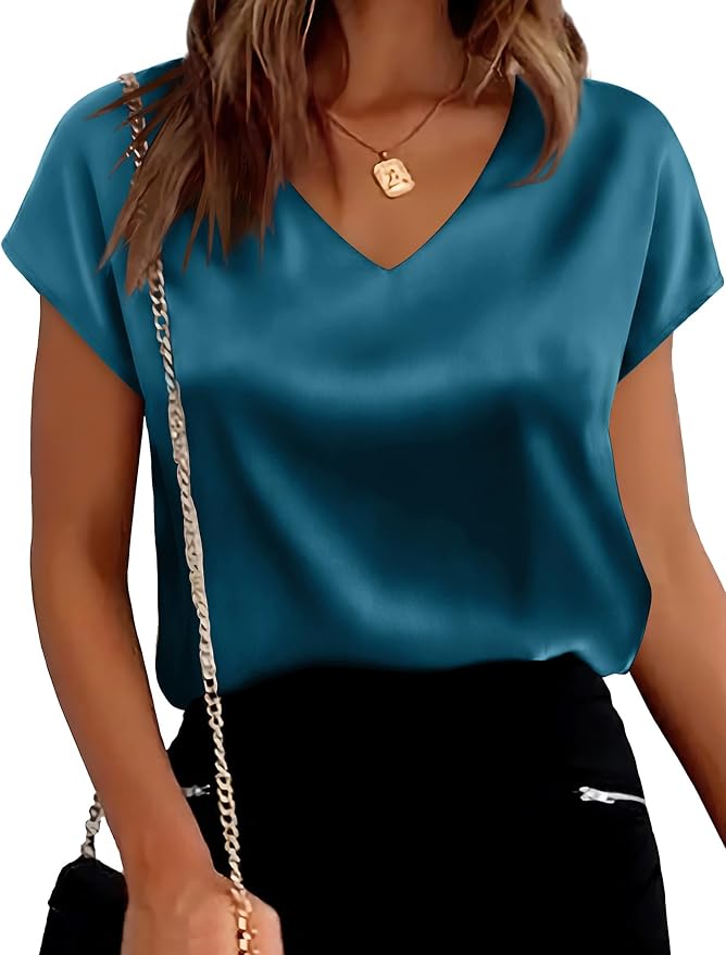 WIHOLL Womens Satin Summer Tops Cap Short Sleeve Blouses V Neck Shirts Business Casual Outfits Fashion Clothing 2026