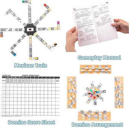Doreimi Upgraded Mexican Train Dominoes Set with 8 Wooden Holders, Double 12 Dominos Set for Kids, Adults Travel Domino Train Set with 91 Tiles and Carry Case, Classic Board Games for Family Night