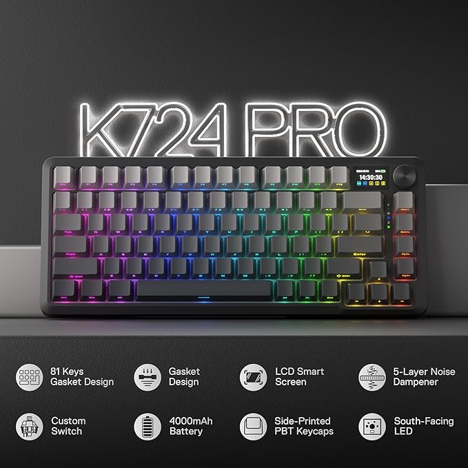 Redragon K724 PRO Wireless 81-Key Gasket Gaming Keyboard, TFT Screen & Knob | Easy-Control LED Info Display, 0-Delay Tri-Mode, Cushioned 5-Layer Noise Dampening for Creamy Thocky Sound, Compact 80% Size