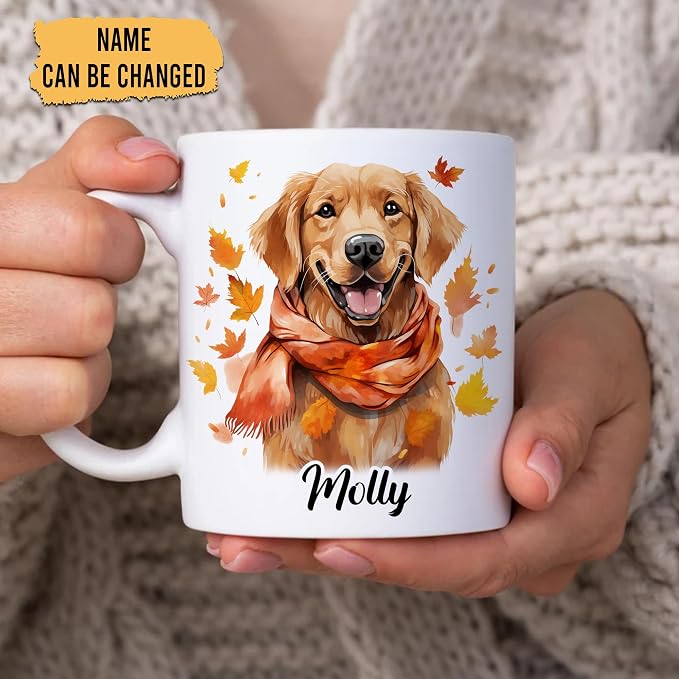 Hyturtle Personalized Fall Dog Maple Leaves Coffee Mug, Fall Autumn Décor | Birthday Gifts For Dog Lovers, Golden Retriever Gift For Farmhouse Thanksgiving Custom Name 11oz White Ceramic Coffee Tea Mug
