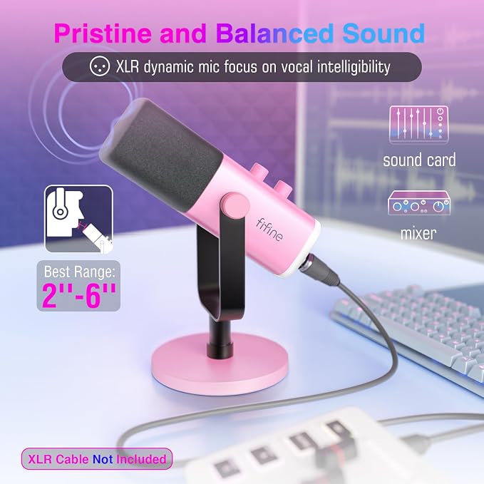 FIFINE AmpliGame AM8P XLR/USB Dynamic Microphone for Gaming Recording | PC Microphone with Controllable RGB, Headphones Jack, Mute Button, for Streaming Podcasting Voice-Over YouTube Video, Pink