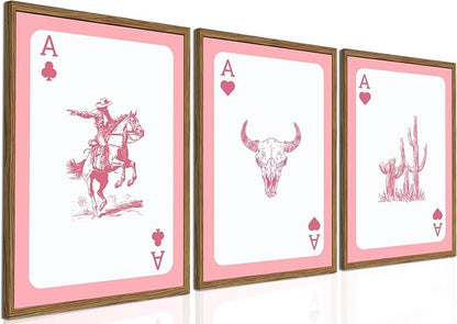 Set of 3 Western Cowgirl Wall Art Pink Bull Skull Wall Decor Painting Southwestern Playing Card Poster Canvas Prints Picture for Bedroom Living Room Wood Framed 16x24 inch