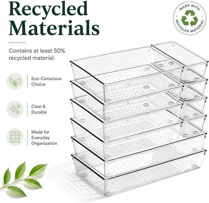 10 Pack Large Drawer Organizer Bins - Clear Plastic Bathroom Drawer Organizer Trays - Heavy Duty Kitchen Drawer Dividers for Utensils - Non-Slip Storage Bins for Makeup, Bedroom, Office Desk
