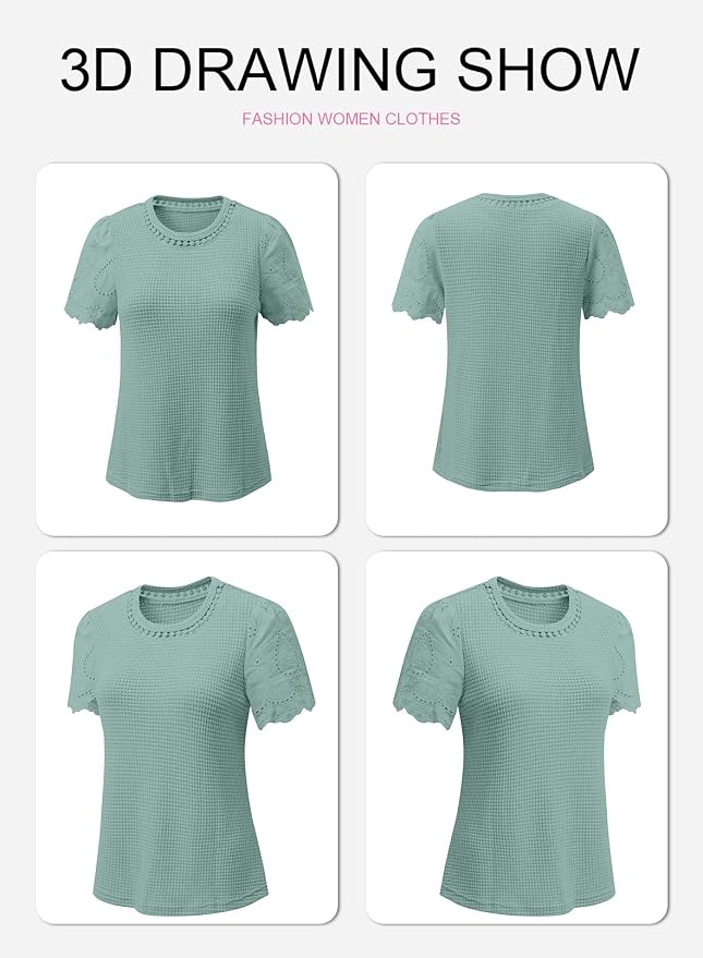 SHEWIN Womens Frenchy Summer Tops Crewneck Short Sleeve T Shirts Casual Waffle Knit Jacquard Blouses Top Shirts
