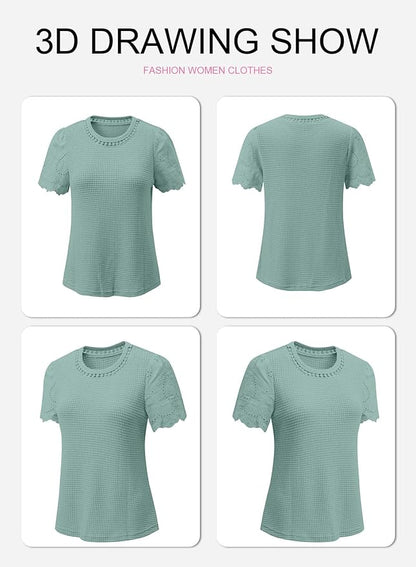 SHEWIN Womens Frenchy Summer Tops Crewneck Short Sleeve T Shirts Casual Waffle Knit Jacquard Blouses Top Shirts