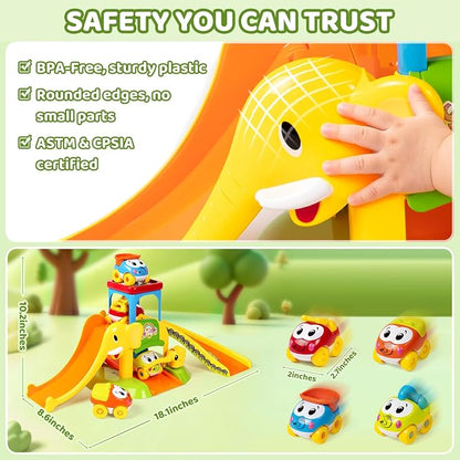 Marstone Toddler Toys for 1 2 Year Old Boys and Girls Gifts: Educational Elephant Slide with 4 Animal Car Toys for Baby 12-18 Months, First Birthday Gifts for Kids, Learning Push Race Tracks Age 1-2