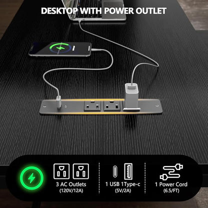 Korfile 59 inch L Shaped Computer Desk with Power Outlets, Black | Ideal for Home Office, Bedroom, Corner, 4 Adjustable Storage Drawers, 2 Monitor Stands, Reversible, Two Person Gaming Table