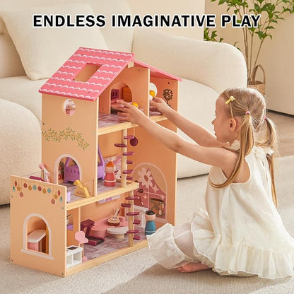 Wooden Doll House with 53Pcs Furniture Doll House, 6 Rooms Toddler Dollhouse Includes Spiral Wooden Staircase and Balcony, Modern Family Dollhouse with Realistic Design Gift for Ages 3+ Pink