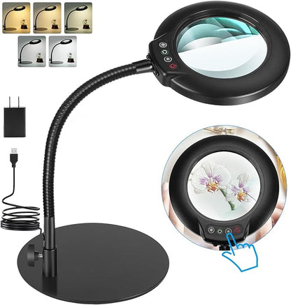 10X Magnifying Glass with Light, Flexible Gooseneck Lighted Magnifier with Stand, 5 Color Modes Stepless Dimmable LED Desk Lamp Hands Free for Crafts Painting Sewing Jewelry Reading Close Work