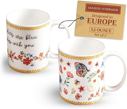 Maison d' Hermine Coffee Mug with Handles Tea Cups (12 Ounce, Pack of 2) | Fine Bone China Coffee Mugs for Hot Beverages Cappuccino Latte Home Restaurant Hotel Spring Summer -Happy Florals - Sweety