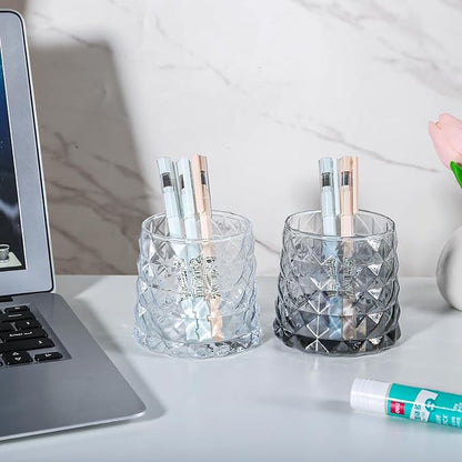 DASITON Glass Makeup Brush Holder Organizer, Diamond Pattern Cosmetic Storage Cup, Makeup Organizer for Vanity, Bathroom Countertop Toothbrush Holder, Desk Pen Pencil Holder (Clear)