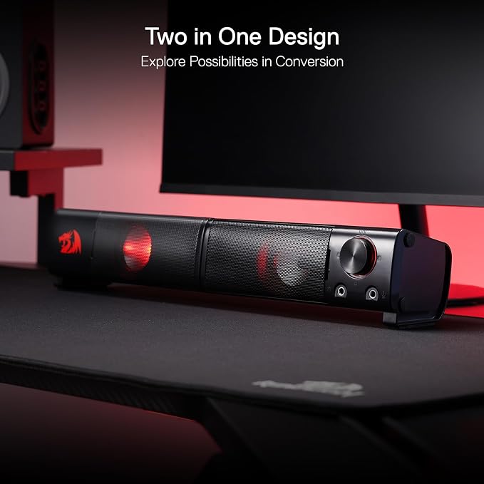 Redragon GS550 PC Gaming Speakers 2.0 Channel Stereo Enhanced Sound, Black | Compact Maneuverable Size, Headphone Jack, Decent Red Backlight, Plug & Play USB Powered Desktop Computer Speaker
