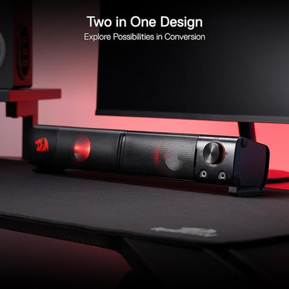 Redragon GS550 PC Gaming Speakers 2.0 Channel Stereo Enhanced Sound, Black | Compact Maneuverable Size, Headphone Jack, Decent Red Backlight, Plug & Play USB Powered Desktop Computer Speaker