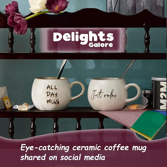 Ceramic Coffee Mugs Set, Just Relax and All Day Design, large capacity heat-resistant handle, Great for Tea Hot Chocolate, Microwave Safe, Modern, Unique Style for Any Kitchen-4pack
