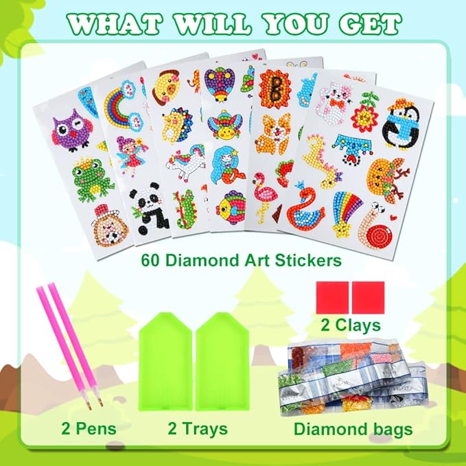 GWAHSA 60pcs 5D Diamond Art Stickers Arts and Crafts Creative Gem Art Paint by Number Kits for Kids Ages 4-6 6-8 8-12 Boys Girls DIY Mosaic Stickers Toys for Birthday Party Halloween Christmas Gifts