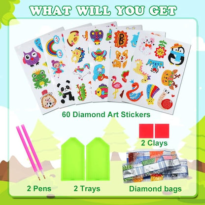 GWAHSA 60pcs 5D Diamond Art Stickers Arts and Crafts Creative Gem Art Paint by Number Kits for Kids Ages 4-6 6-8 8-12 Boys Girls DIY Mosaic Stickers Toys for Birthday Party Halloween Christmas Gifts