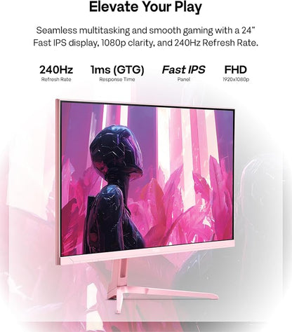 Pixio PX249 Wave Pink 24 inch 240Hz Refresh Rate FHD 1080p Resolution Fast IPS Panel 1ms GTG Response Time Built-in Speakers Gaming Monitor with Adaptive Sync
