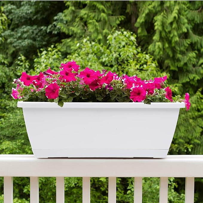 Window Box Planter, 7 Pack Plastic Vegetable Flower Planters Boxes 17 Inches Rectangular Flower Pots with Saucers for Indoor Outdoor Garden, Patio, Home Decor (White)