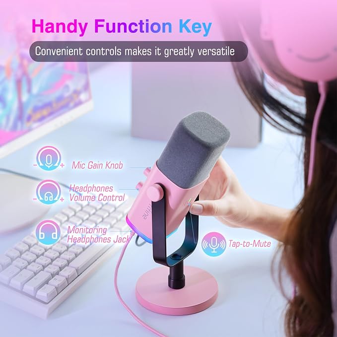 FIFINE AmpliGame AM8P XLR/USB Dynamic Microphone for Gaming Recording | PC Microphone with Controllable RGB, Headphones Jack, Mute Button, for Streaming Podcasting Voice-Over YouTube Video, Pink