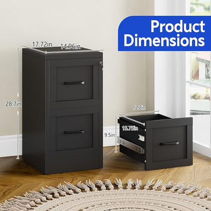 Small Metal 2-Drawer File Cabinet, Under-Desk Filing Cabinet, Black | Locking, Adjustable Hanging Rail, Fit A4, FC, Letter, Hanging File Folders for Home Office Storage Organization, 1PS