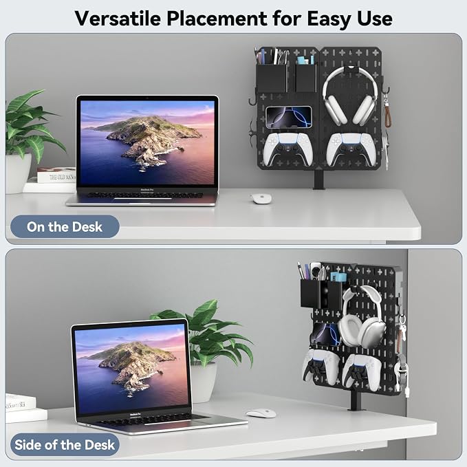 KDD 7 in 1 Clamp-on Desk Pegboard - No Drill Desk Side Storage with Phone Stand/Pen Holder/Storage Box/Headset & Controller Holder/Hooks, Detachable Gaming Pegboard for Office & Home Desktop Organizer