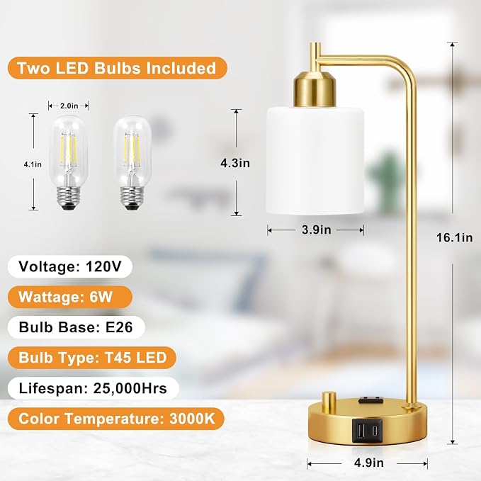 Innqoo Industrial Table Lamps for Bedroom Set of 2 - Fully Dimmable Bedside Lamps with USB Ports and Outlet, Gold Nightstand Lamps with Opal Glass Shade for Living Room, Desk Lamps for Office Reading