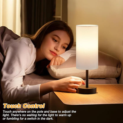 Dicoool Bedside Table Lamp for Bedroom - 3-Way Dimmable Touch Lamp, USB A+C | LED Bulb Included, 14" Small Nightstand Lamp for Desk, Living Room, Guest Room, White Fabric Lampshade, Black Metal Base