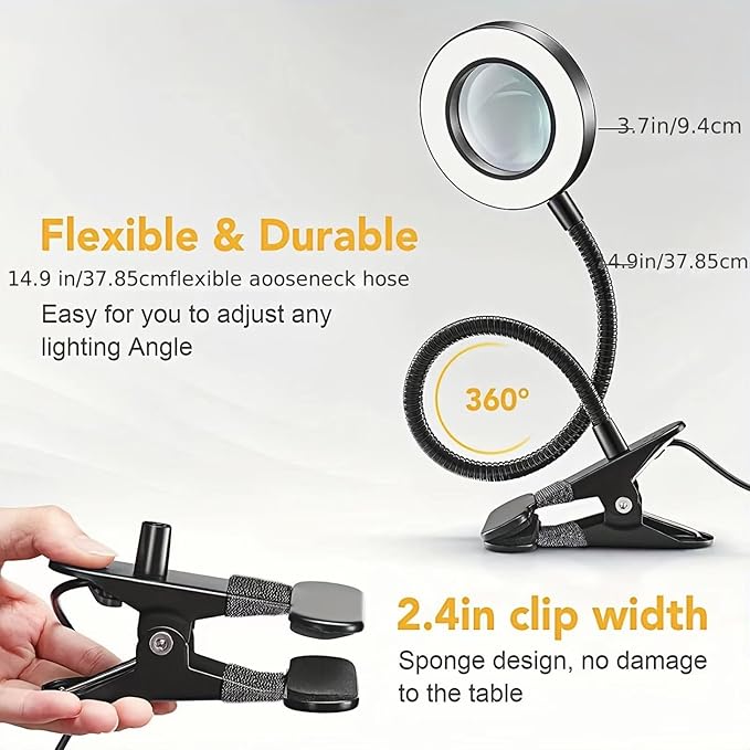 Desk Magnifying Glass with Light 10X, Clip on Desk Lamp,Craft Lamp Adjustable Lighted Magnifying Glass with Stand Portable Eye LED Lamp 3 Colors Dimmable for Reading Crafts Workbench(Sliver 2.0)