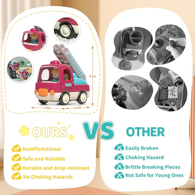 Baby Toys Push Cars for 1 2 3 Year Old 2 Pack Friction Powered Airplane Fire Trucks for Toddlers 1-3 Lights and Musical Toys for 1 Year Old First Birthday Gifts for Toddler