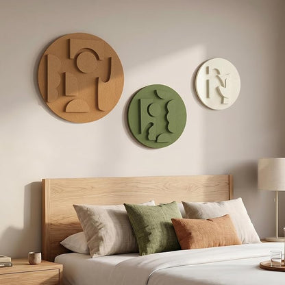 3D Textured Round Abstract Wall Art Set, 3-Piece Modern Minimalist Boho Geometric Sculptures Artwork for Walls, White Terracotta Green Paintings Wall Decor for Living Room Bedroom Dining Room Office