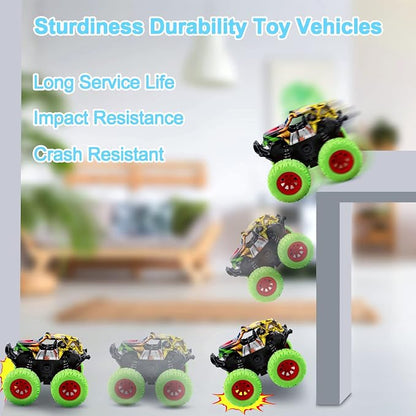 M SANMERSEN Monster Truck Toys for Kids, Friction Cars for Toddlers Push and Go 360° Rotating Stunt Car for 3+ Year Old Boys Girls Gifts (2 Pack - Blue and Green)