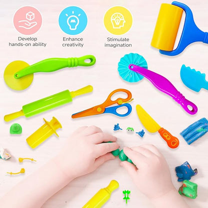 28Pcs Dough and Clay Play Tools Kit for Kids, Modeling Clay Accessories with Animal Cutters, Rolling Pins, Safety Scissors, Dough Extruder & Rollers