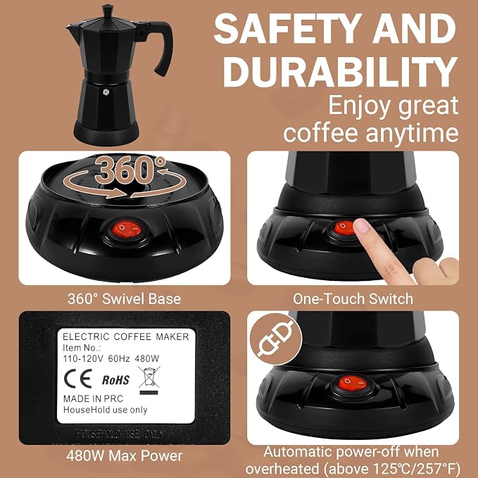Electric Moka Pot, 3 or 6 Cup Espresso Coffee Maker, Black | Food-grade aluminum, dose reduction plate, boil-dry protection, auto-stop, detachable base, for Cuban and Italian coffee