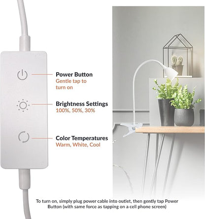 Newhouse Lighting NHCLP-OL-WH Olivia LED Clamp Light Desk Lamp with Flexible Gooseneck, 3 Brightness Levels & 3 Color Modes, White