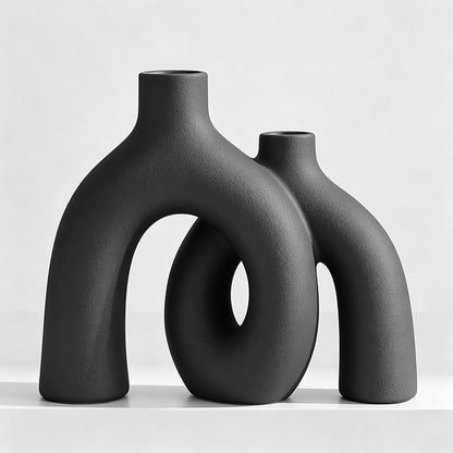 Hug Donut Decorative Vase Set - Dark Gray Modern Minimalism Industrial Style Vases Home Decor, Matte Ceramic Decorations for Living Room Shelf, Bookshelf Mantle Entryway Table or Console Décor(Gray)