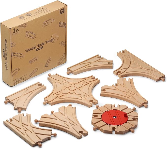 SainSmart Jr. Wooden Train Track 8pcs, Track Expansion Compatible with All Major Brands Toddler Railway Toy Train Set Boys Train Set 3+