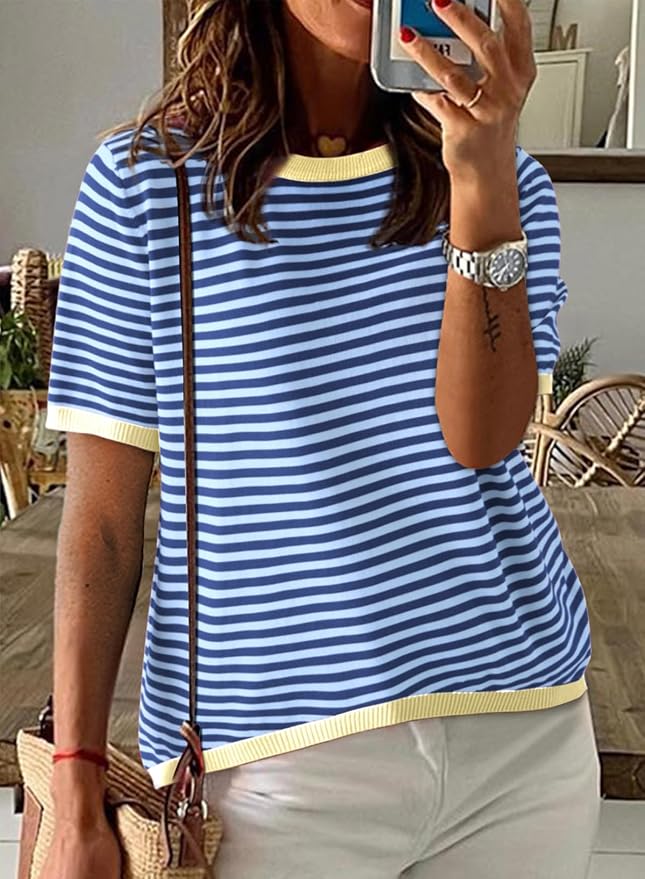 Dokotoo Womens Tops 2026 Casual Summer Crewneck Short Sleeve Striped Color Block Knit High Low Trendy Pullover Sweaters