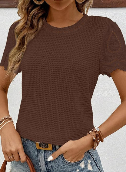 SHEWIN Womens Frenchy Summer Tops Crewneck Short Sleeve T Shirts Casual Waffle Knit Jacquard Blouses Top Shirts
