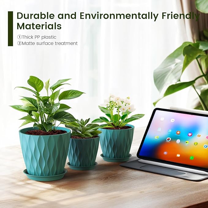 7/6.5/6/5.5/5/4.5/4 inch Plant Pots for Indoor Outdoor Plants, 7 Pack Thick Flower Pots with Drainage Holes and Saucers, Modern Wave Texture Small Plastic Planters Nursery Pots, Blue Green