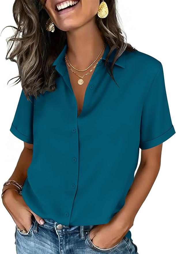 Zeagoo Button Down Shirts for Women Short Sleeve Collared Tops Dressy Casual V Neck Blouses