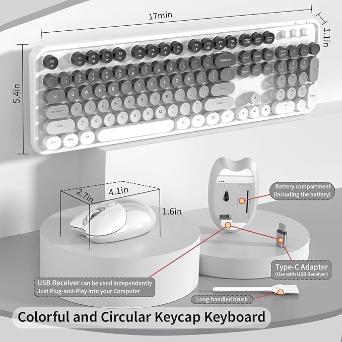 Creamy Wireless Keyboard and Mouse, MOFII 104 Round Keycaps Retro Typewriter with OTG & Brush, Full-Size Ergonomic, Ideal for Windows PC, Home, Office and College Gray White