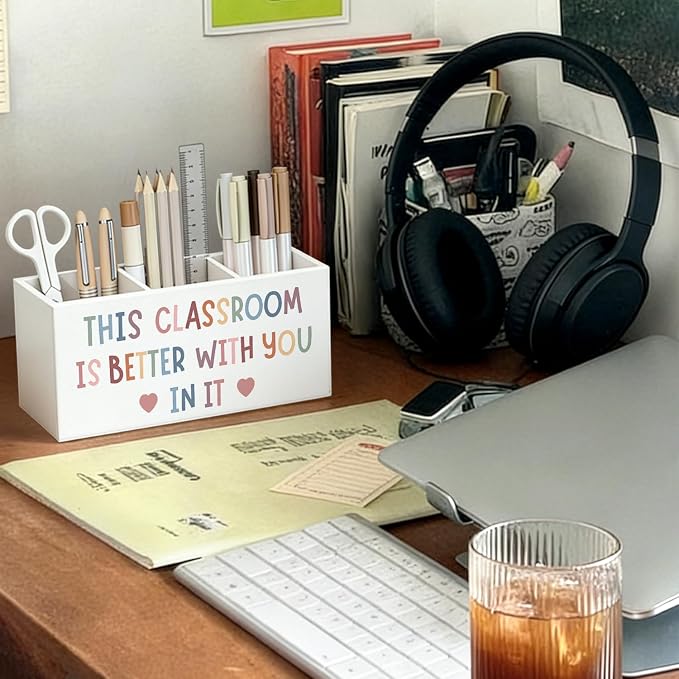 Boho Classroom Pen Pencil Holder for Desk, This Classroom Is Better with You in It Motivational Wooden Box Sign Decorations for Kids Room Bedroom Playroom Desk Tabletop