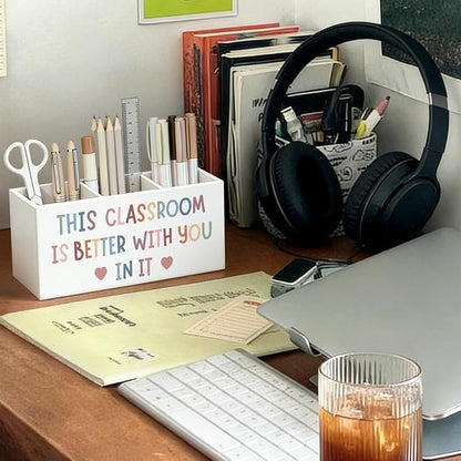 Boho Classroom Pen Pencil Holder for Desk, This Classroom Is Better with You in It Motivational Wooden Box Sign Decorations for Kids Room Bedroom Playroom Desk Tabletop