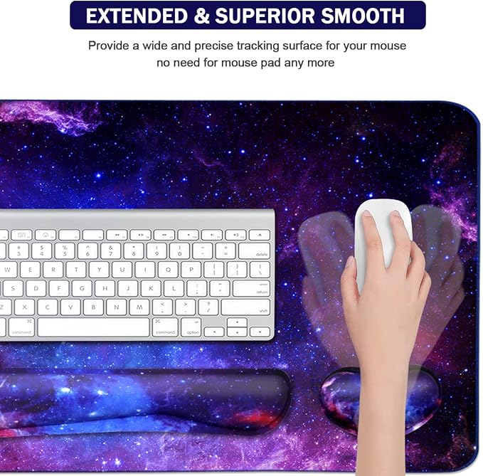 Large Mouse Pad and Keyboard Wrist Rest, Desk Pad for Keyboard and Mouse, 4-in-1 Large Gaming Mouse Pad with Wrist Support, Desk Mat for Home Office Study Game-Galaxy Fluid