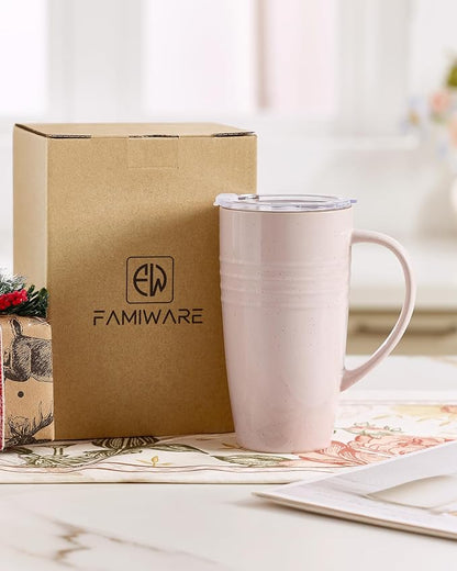famiware Jupiter Large Coffee Mug, 20oz Coffee Mug with Lid, Ceramic Mugs Set of 4, Cup Set with Handle for Latte, Tea, Cocoa, Milk, Home & Office, Microwave and Dishwasher Safe, Light Pink