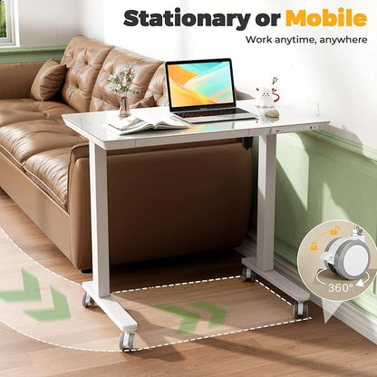 35" Electric Standing Desk with Drawer, One-Piece Glass Top | Quick Install One-Piece Tabletop with USB Charging Ports, Sit Stand Computer Desk with Wheels for Small Space, White