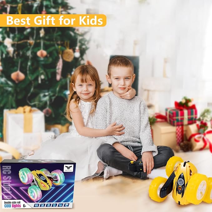 FREE TO FLY Remote Control Car for Boys 6-12: Kids Rc Stunt Car 2.4GHz Fast Race Car with Lights 4WD 360°Rotating RC Cars Toy Gifts Presents for Boys Girls Age 6 7 8 9 10 11 Year Old Yellow