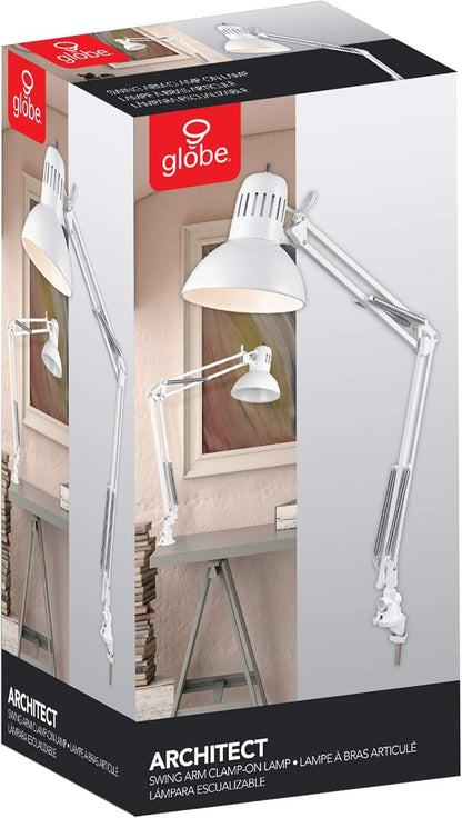 Globe Electric 52847 31.5 Inch Swing Arm Clamp-On White Desk Lamp with Nickel Accents, On/Off Rotary Switch, Book Reading Light, Home Essentials, Office Décor, LED Bulb Compatible