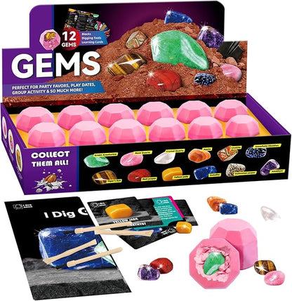 Gemstone Dig Kit, Dig Up 12 Real Gems for Kids,Gem Dig Kit with Tools & Learning Cards,Educational Geology Kit for Boys Girls Ages 6+