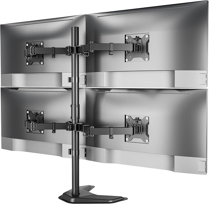 monTEK Freestanding Quad Monitor Stand for Four 17-32" Screens, 22 lbs Each | Solid V-shaped base, four-screen full-motion arms, height adjustment, tilt, swivel, rotation and VESA 75/100